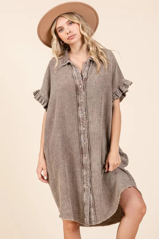 Mineral Wash Cotton Gauze Mini Shirt Dress in Toffee - product view 5