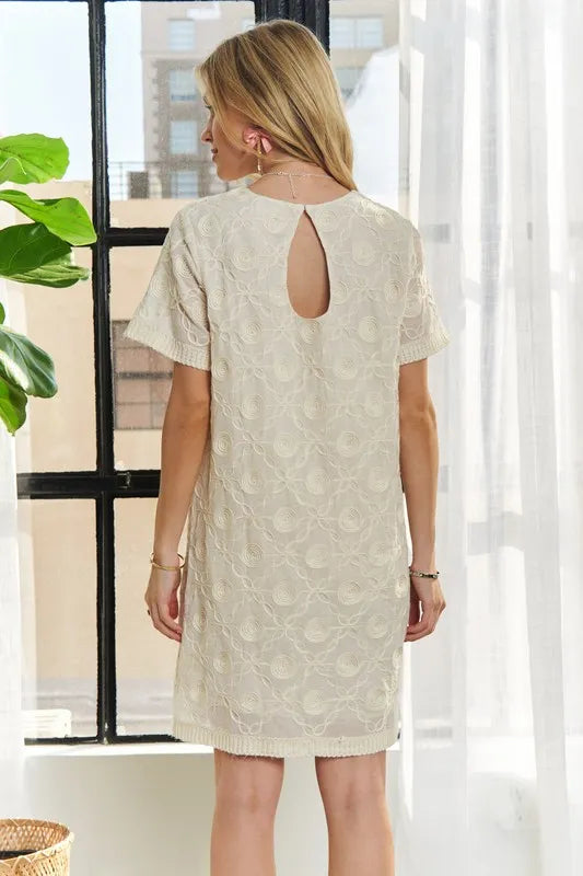 Applique Round Neck Short Sleeve Shift Dress in Beige - product view 6