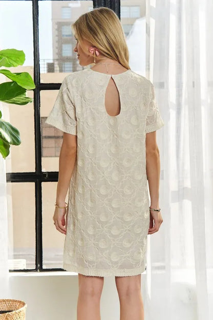 Applique Round Neck Short Sleeve Shift Dress in Beige - product view 6