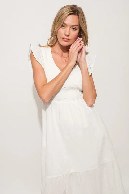 Ruffle Sleeve Front Smocked Tiered Midi Dress in Off White - product view 10