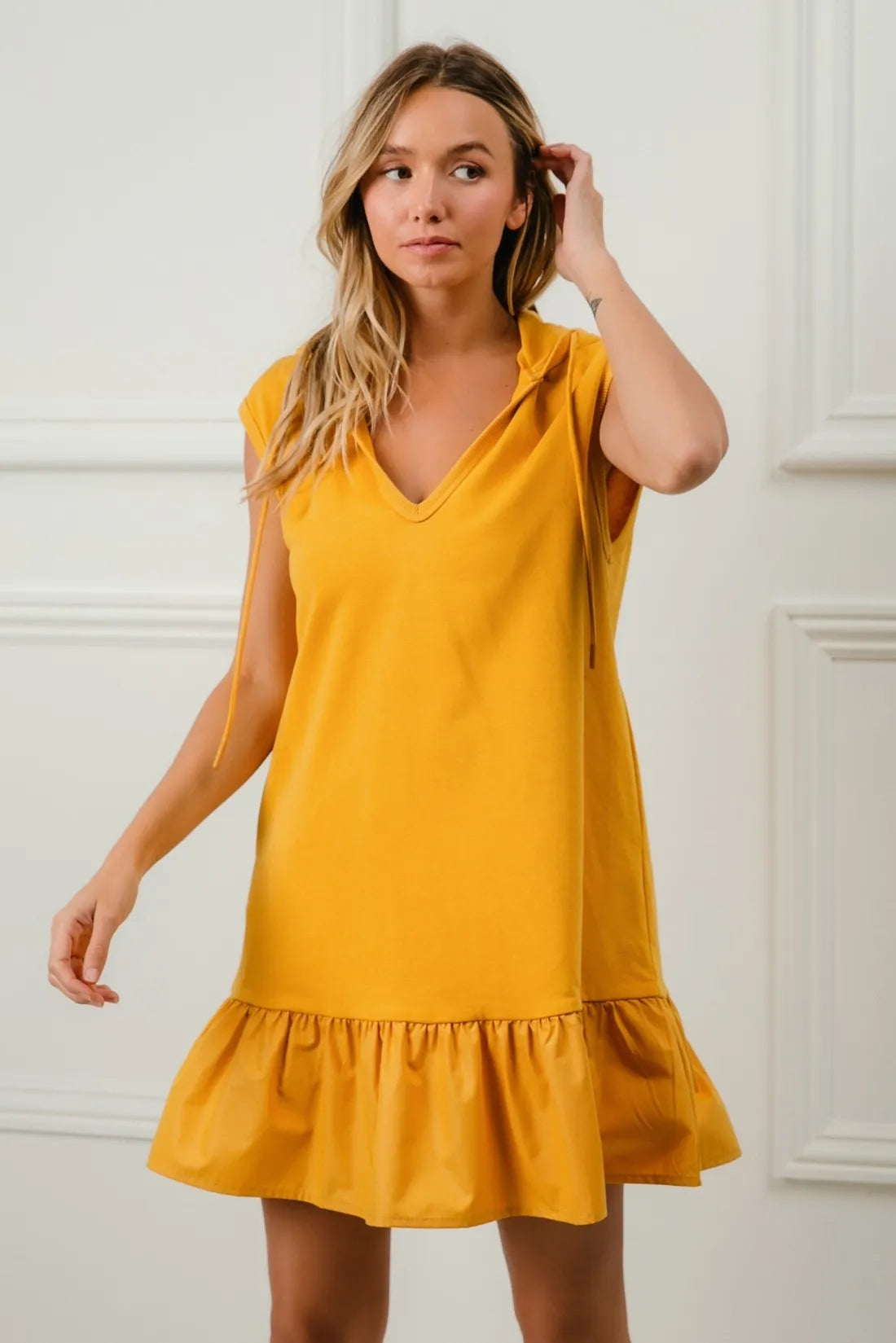 Ruffled French Terry Hooded Dress - Mustard - product view 4