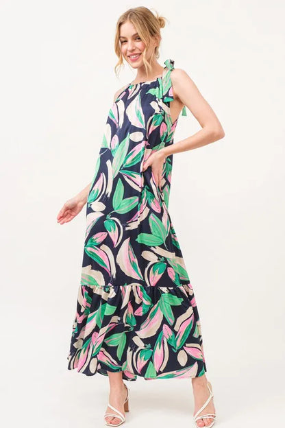 Botanical Printed Halterneck Tiered Maxi Dress in Navy - product view 1