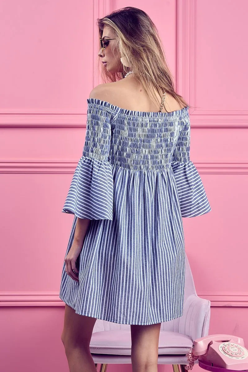 Smocked Off Shoulder Striped Dress - Denim - product view 12