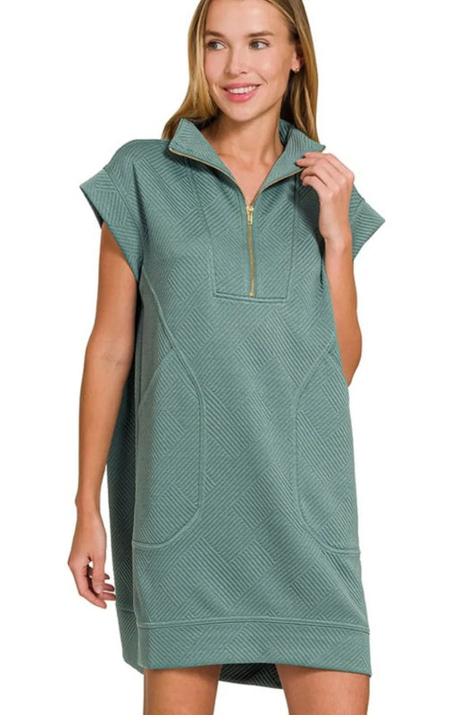 Textured Knit Jacquard Quarter Zipper Mini Dress - Ash Jade - product view 2