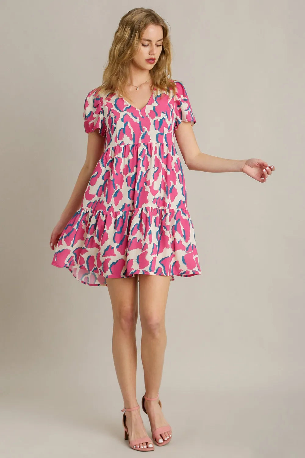 Full Size Abstract Print Pleat Detail Short Sleeve V-Neck Tiered Dress Plus Size in Creammix - product view 3