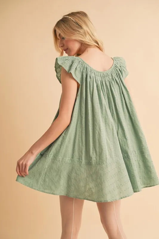 Ruffled Cap Sleeve Cotton Tunic Mini Dress in Pistachio - product view 2