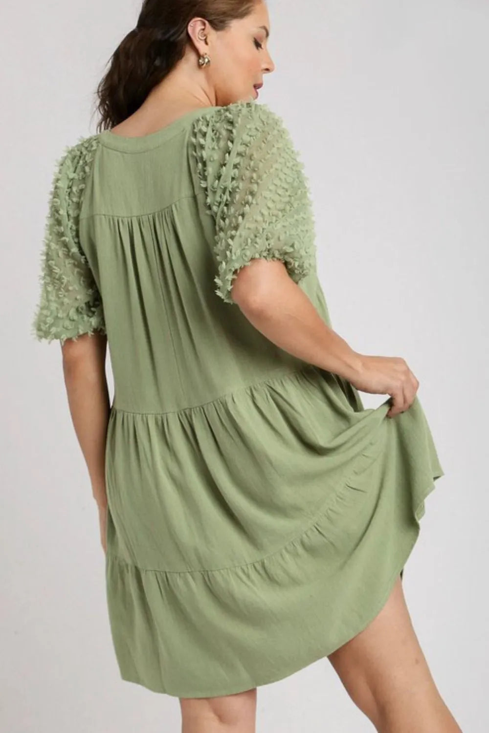 Full Size Linen Tiered A-Line Split Neck Dress Plus Size in Sage - product view 2
