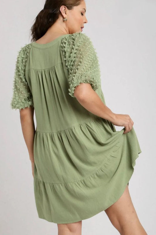 Full Size Linen Tiered A-Line Split Neck Dress Plus Size in Sage - product view 2