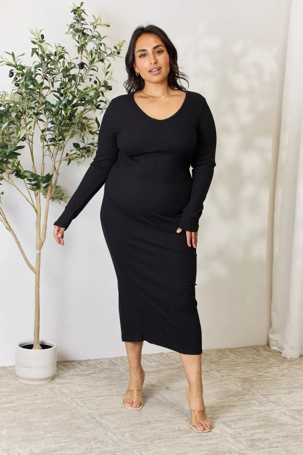 Full Size Ribbed Long Sleeve Midi Slit Dress in Black - product view 3