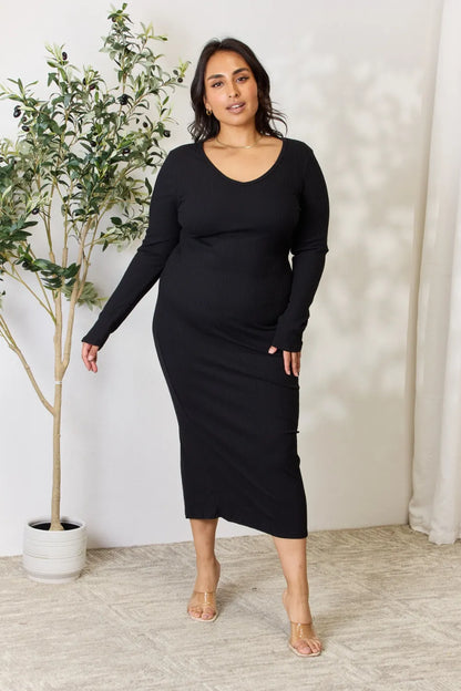 Full Size Ribbed Long Sleeve Midi Slit Dress in Black - product view 3