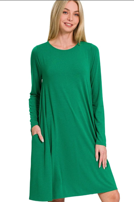 Long Sleeve Flare Dress With Pockets - Forest - product view 2