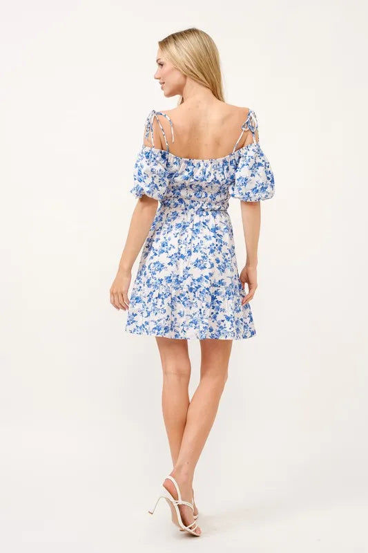 Off Shoulder Bubble Sleeve Dress in White Blue - product view 7