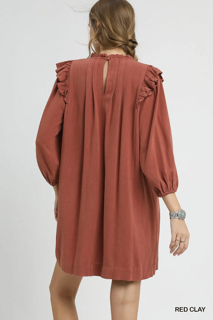 Linen Ruffle Shoulder Pleated Babydoll Dress - Red Clay - product view 2