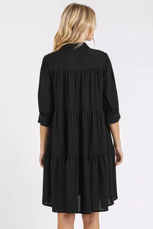 Button Detail Collared Neck Tiered Shirt Dress - Black - product view 3