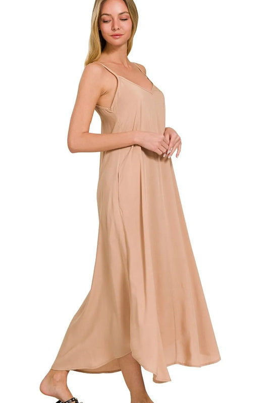 Woven Arc Hem Cami Dress With Flowy Pockets - Brush - product view 1