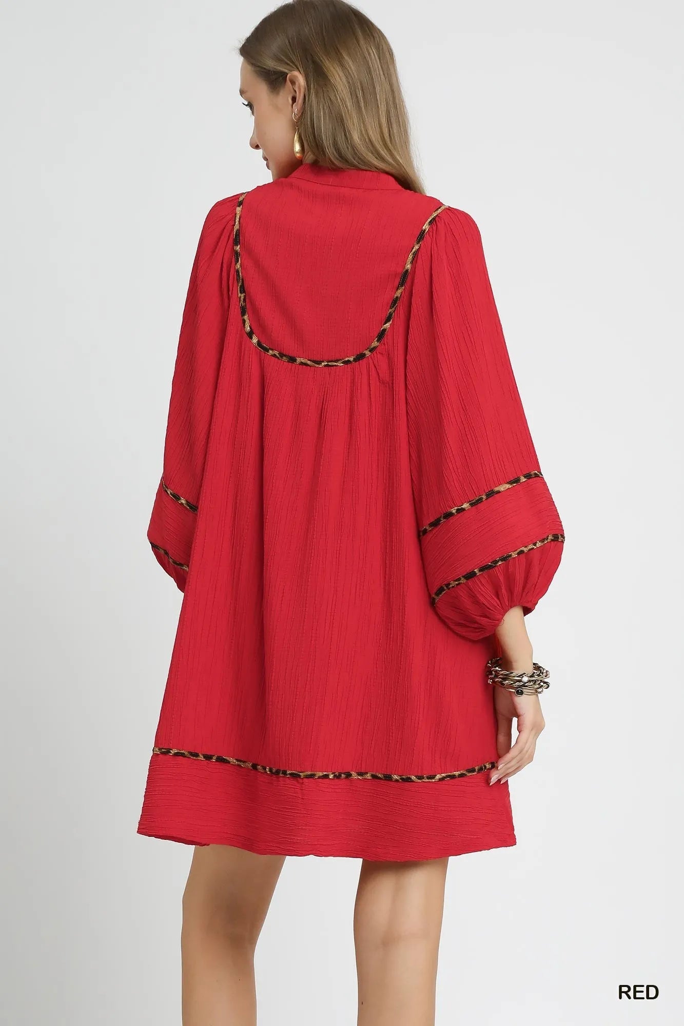 Textured Babydoll Dress with Leopard Trim - Red - product view 4
