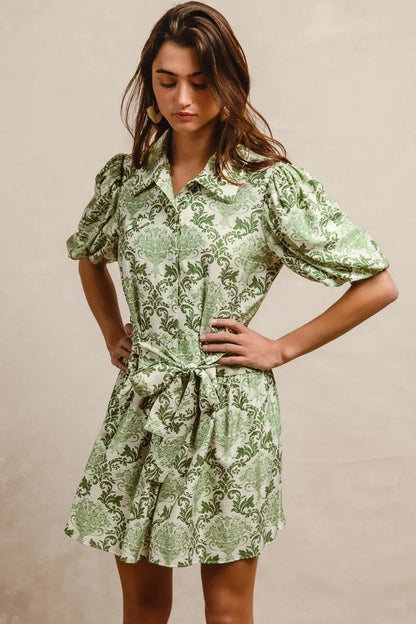 Tied Floral Short Sleeve Mini Shirt Dress in Green/Cream - product view 1