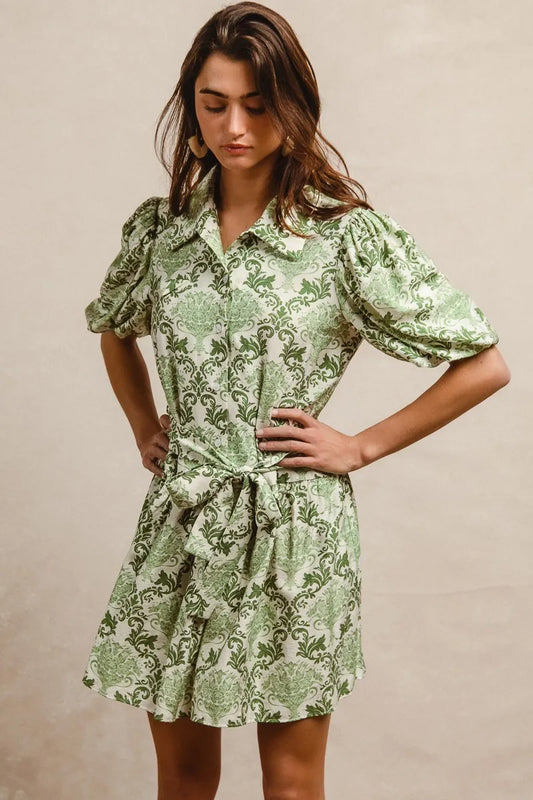 Tied Floral Short Sleeve Mini Shirt Dress in Green/Cream - product view 1