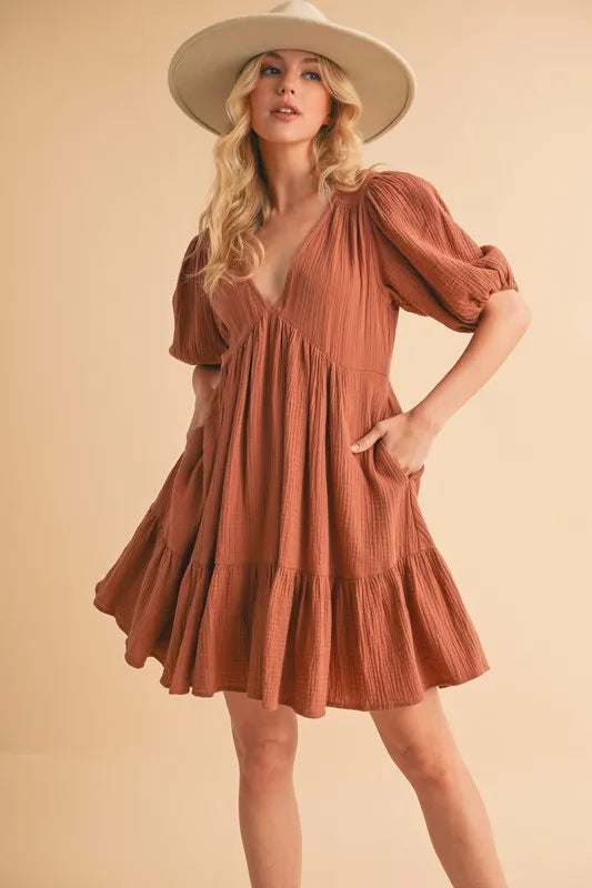 Tied Back Ruffled Short Sleeve Mini Dress - Terracotta - product view 2