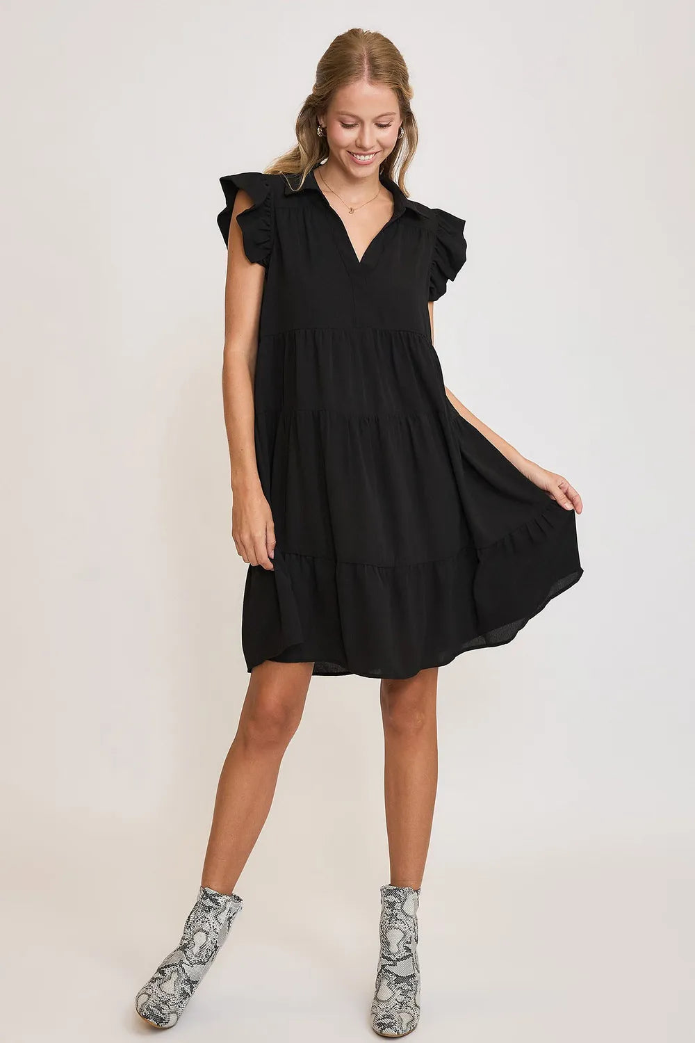Full Size Johnny Collar Ruffle Cap Sleeve Tiered Dress Plus Size - Black - Umgee USA - Style 81963 - product view 4