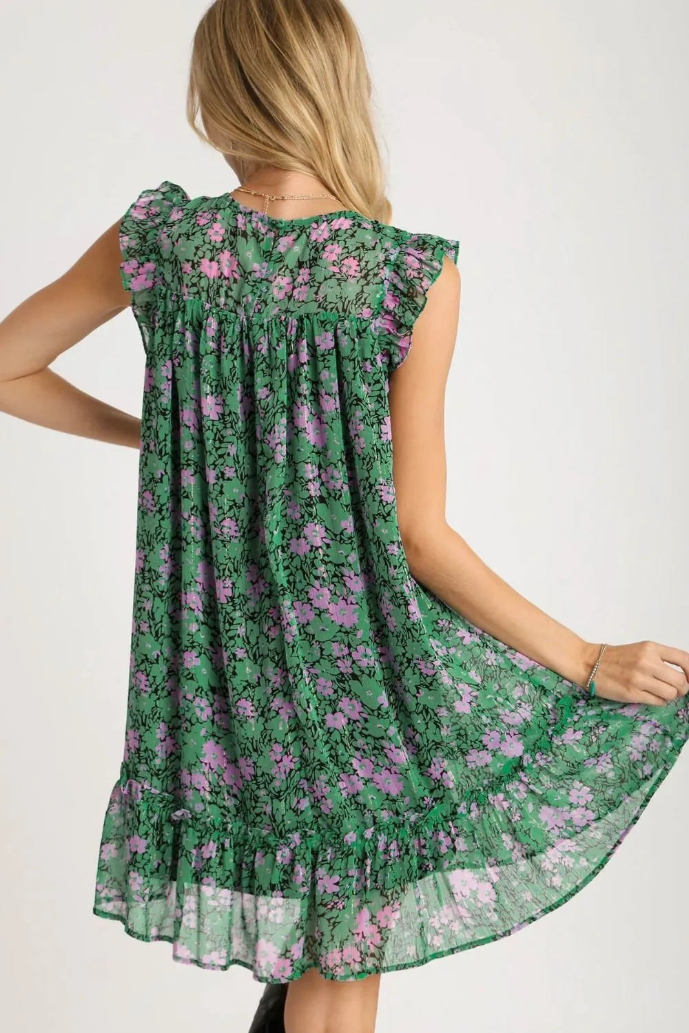 Full Size Smocked Detail Floral Metallic Ruffle Cap Sleeve Dress Plus Size - Dark Green - product view 3