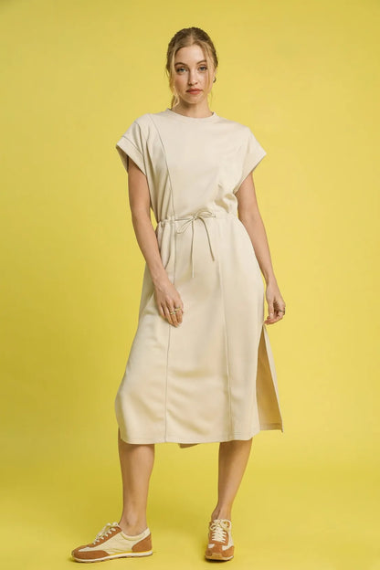 Side Slit Short Sleeve Midi Tee Dress - Ecru - product view 1