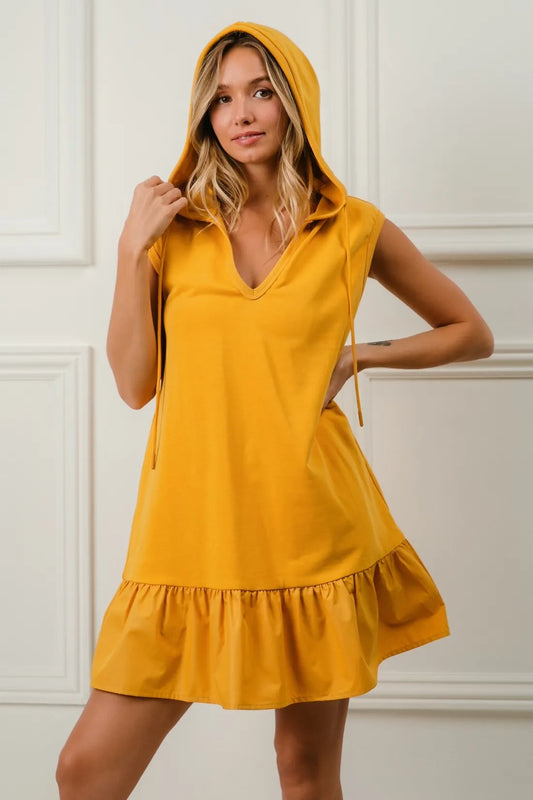 Ruffled French Terry Hooded Dress - Mustard - product view 1