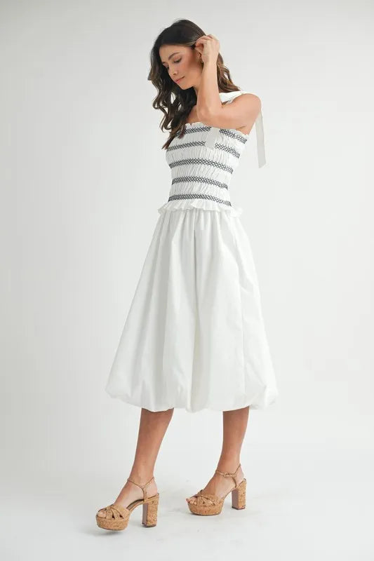 Smocked Bodice Bubble Midi Dress in Off White - product view 6