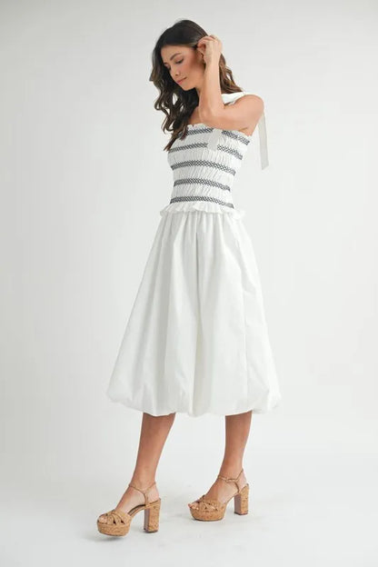 Smocked Bodice Bubble Midi Dress in Off White - product view 6