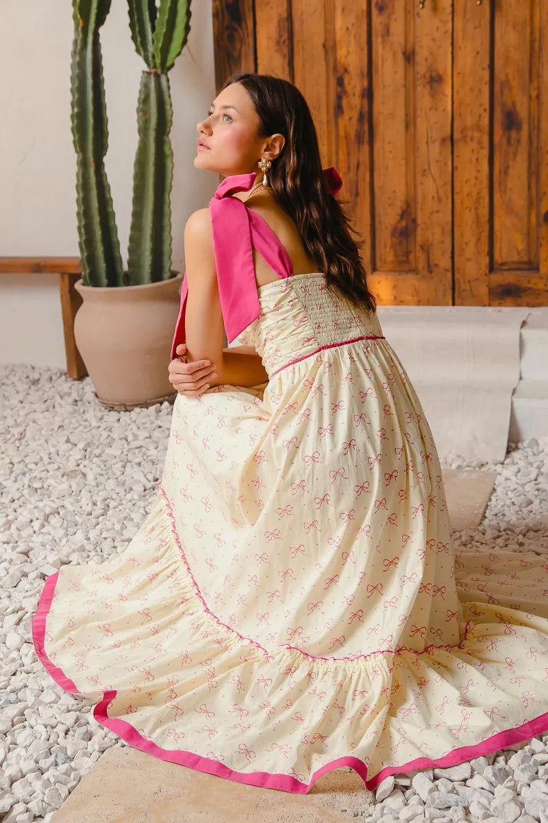 Ribbon Flowy Maxi Dress with Contrast Trim in Cream/Pink - product view 10