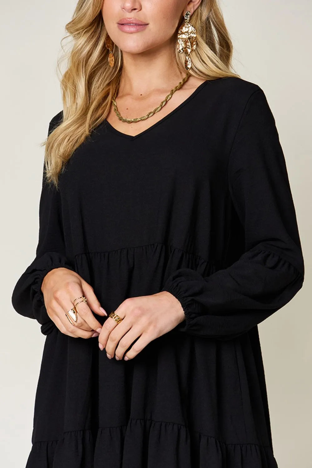 Full Size V-Neck Balloon Sleeve Tiered Dress with Pockets in Light Green, Pink and more - product view 25