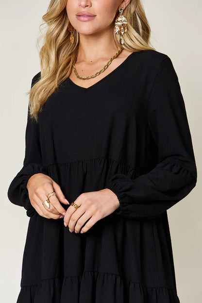Full Size V-Neck Balloon Sleeve Tiered Dress with Pockets in Light Green, Pink and more - product view 25