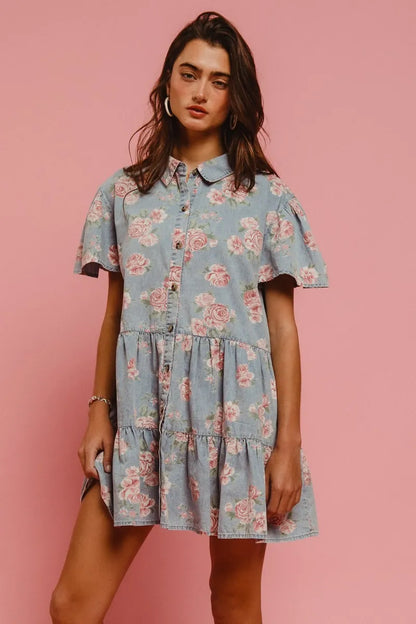 Floral Print Washed Lightweight Tiered Shirt Dress in Lt Denim - product view 1