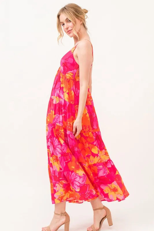 Floral Tiered Maxi Cami Dress with Pockets in Orange Multi - product view 3