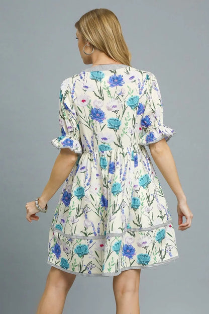 BabyDoll Floral Striped Hem Mini Dress in Pastel Blue - product view 4