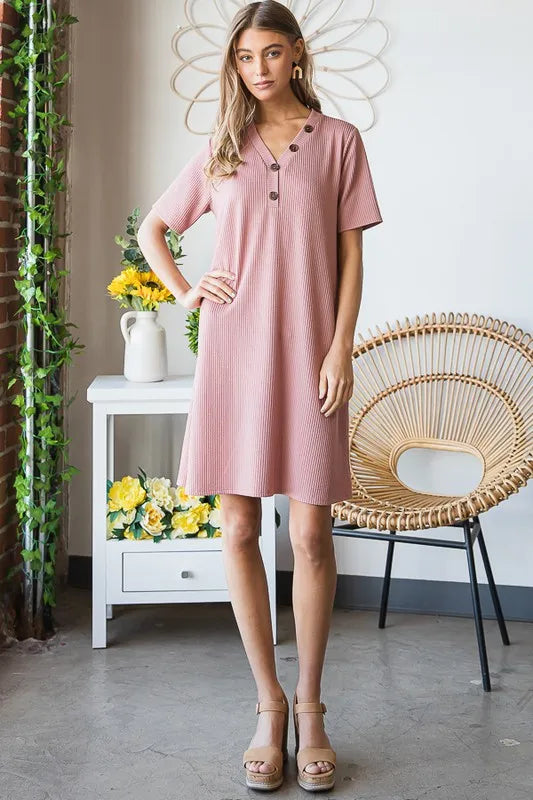 Full Size Solid Ribbed Mini Dress with Button Plus Size in Rose - product view 13