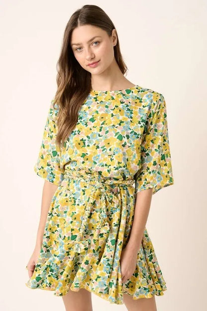 Floral Tie Waist Half Sleeve Mini Dress in Yellow Combo - product view 3