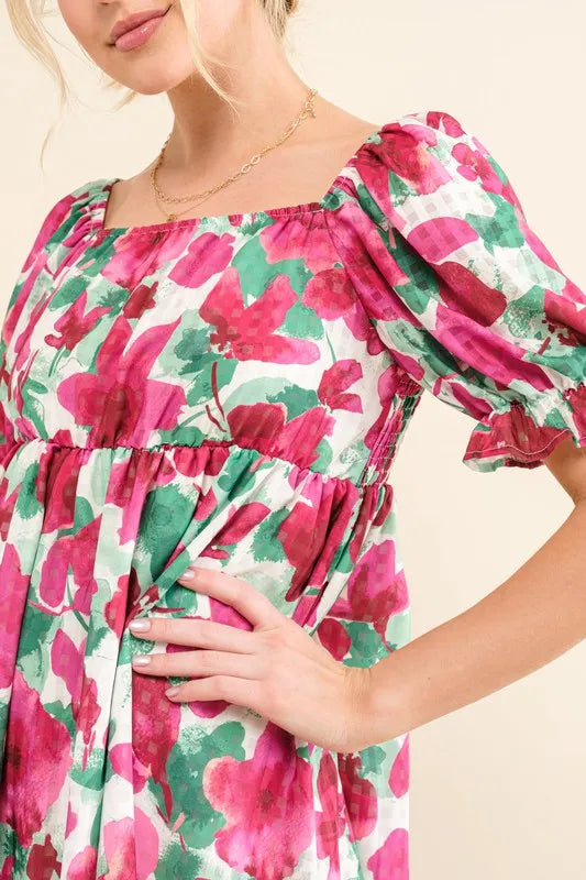 Smocked Floral Ruffle Short Sleeve Mini Dress in Fuchsia - product view 7