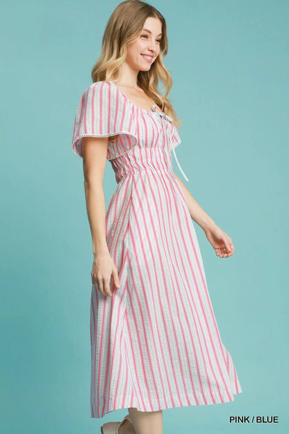 Smocked Striped Short Sleeve Midi Dress in Pink / Blue - product view 2