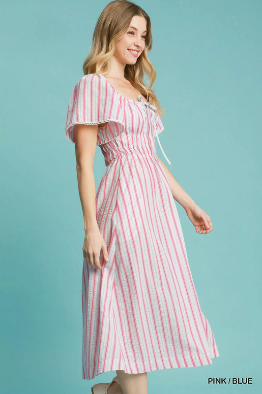 Smocked Striped Short Sleeve Midi Dress in Pink / Blue - product view 2