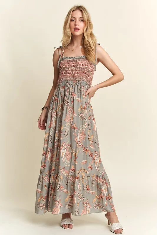 Smocked Printed Square Neck Tie Shoulder Cami Dress - Sage - product view 3