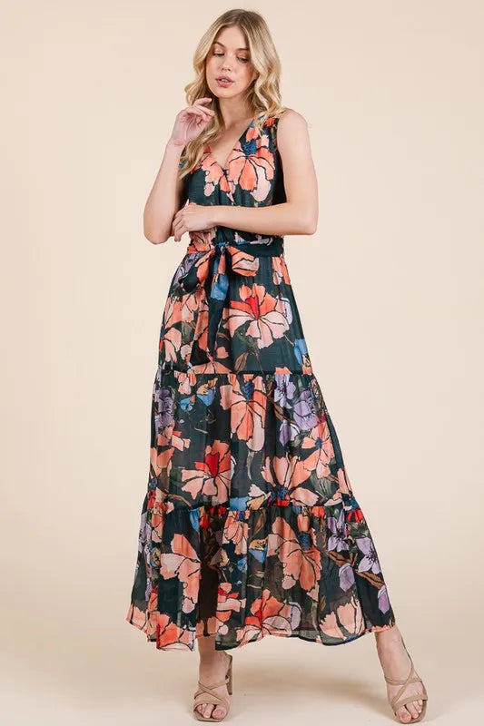 Floral Print Sleeveless Tie Waist Maxi Dress in Multi - product view 12