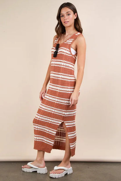 Stripe Knit Casual Sweater Midi Dress in Mocha - product view 4