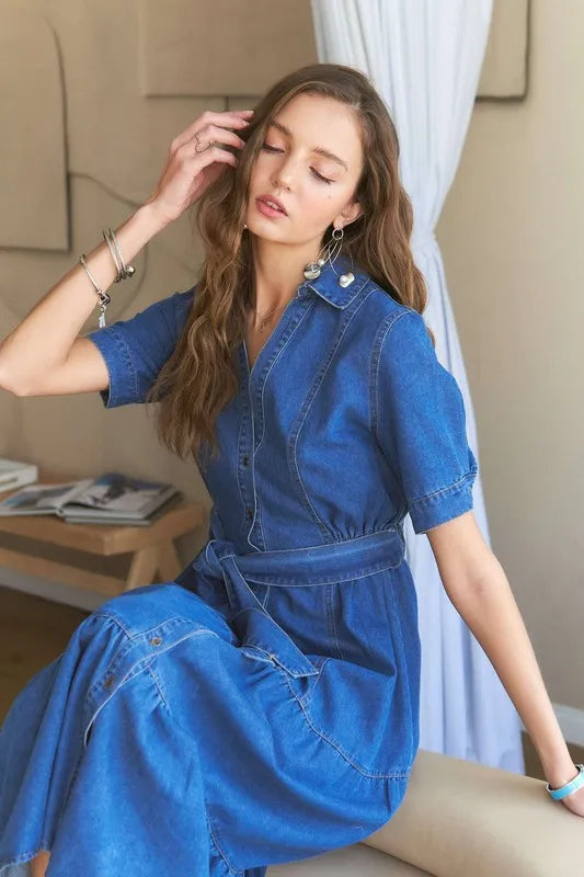 Tiered Button Down Tie Waist Short Sleeve Denim Dress in Dark - product view 6