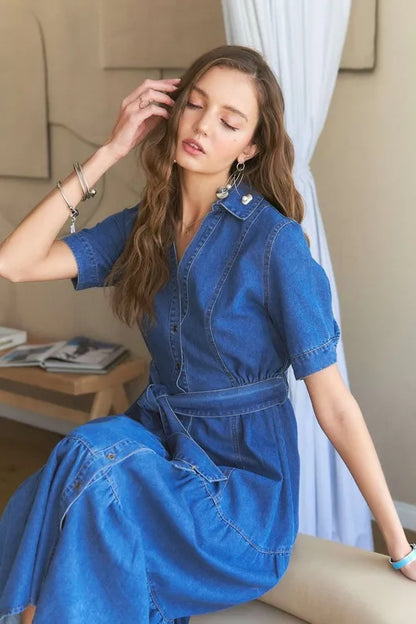 Tiered Button Down Tie Waist Short Sleeve Denim Dress in Dark - product view 6