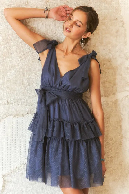 Tie Shoulder Polka Dot Mesh Dress in Dark Navy - product view 4