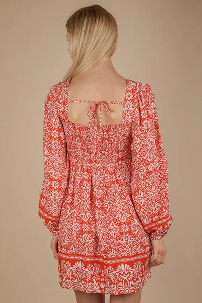 Printed Smocked Chest Boho Mini Dress - Rust - product view 4