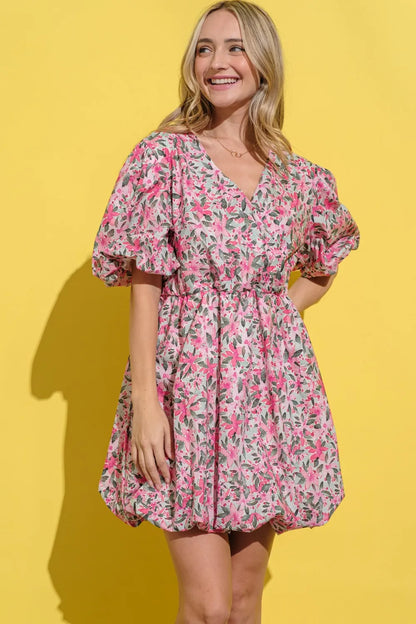 Full Size Floral Surplice Puff Sleeve Dress - Pink Multi - product view 3
