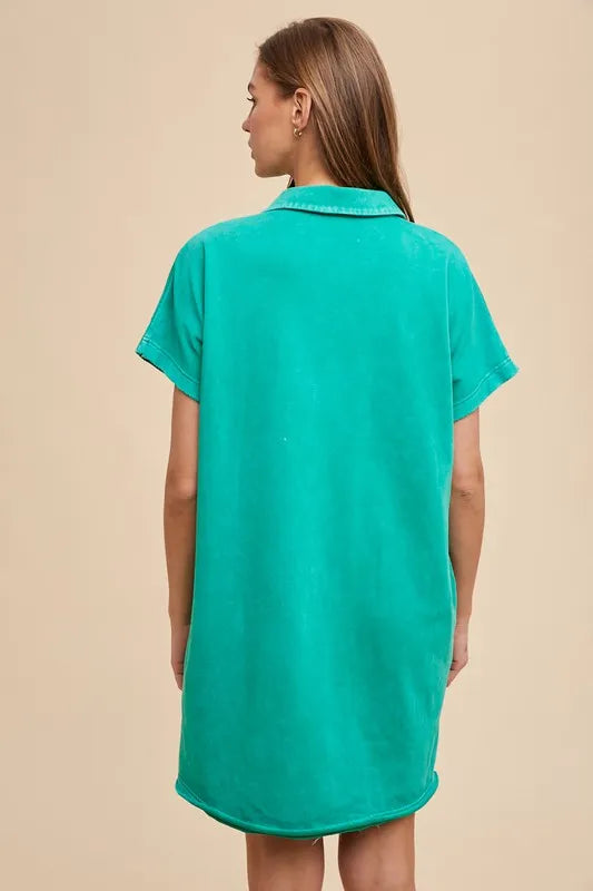 Mineral Washed Johnny Collar Short Sleeve Dress - Turquoise - product view 3