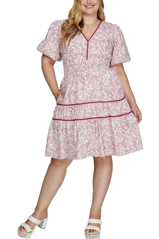 Full Size Printed V-Neck Puff Sleeve Tiered Dress Plus Size - Berry - product view 4